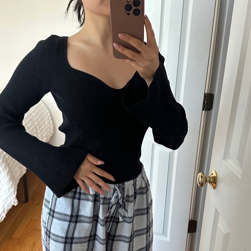 Black Ribbed Long Bell Sleeve Top